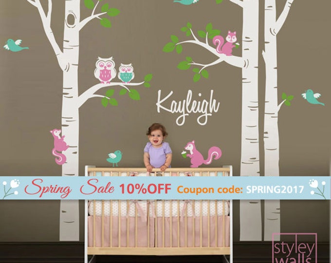 Birch Trees Wall Decal for Nursery, Birch Trees and Personalized Name Decal, Forest Animals Owls Squirrels Birds Baby Room Decor Wall Decal