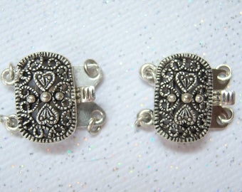 Antiqued silver filigree two strand pinch box clasp, lot of (2) - BD300