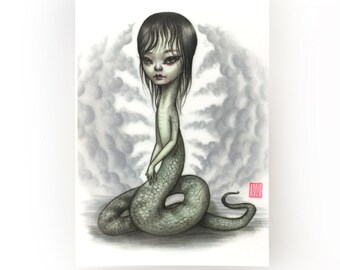 Nure-Onna Snake Girl - Japanese Demon - 4 x 5.75 Mini Art Print by Mab Graves - unframed