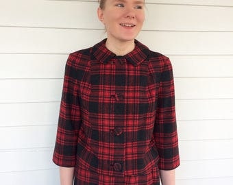 Red Plaid Wool Suit Pendleton Skirt Set Retro 60s Vintage S M