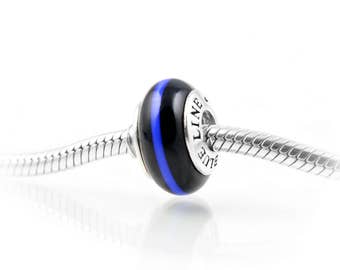 Thin Line® Thin Blue Line POLICE Charm, Exquisite Italian Glass and Sterling Silver