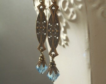 Blue Art Deco Earrings - Crystal Bridesmaid Earrings - Great Gatsby Jewelry - Downton Abbey Style Jewelry - Womens Jewelry