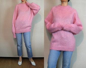 80s Hand Knit MOHAIR Sweater Vintage 1980s Pink Mohair Sweater Oversized Sweater