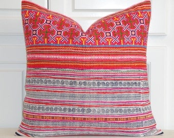 VINTAGE Hmong Pillow Cover - Tribal Decorative Pillow Cover - Hemp and Cotton - Cross Stitches Embroidery - Accent Pillow - Toss Pillow