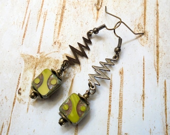Chartreuese Green Lightening Bolt Boho Earrings (3326)