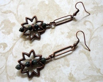 Forest Green Jasper and Copper Sunburst Earrings (3401)