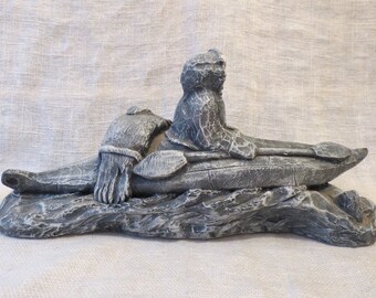Glacial Ice Age Sculpture Crafted by Hand Alaska Figurine Eskimo Hunter with Seal