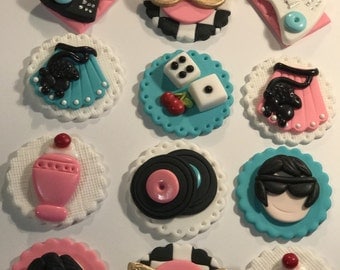 Fondant Rock and Roll 50's Party Cupcake, Cake, Cookie Toppers. Includes 12.