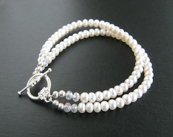 Dainty Two Strand White Freshwater Pearl Bracelet White Pearl Bridal Bracelet Bridal Jewelry