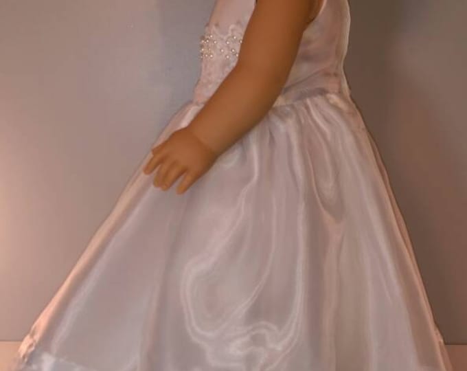 Long pearl trimmed White Satin wedding, Easter doll dress fits 18"dolls