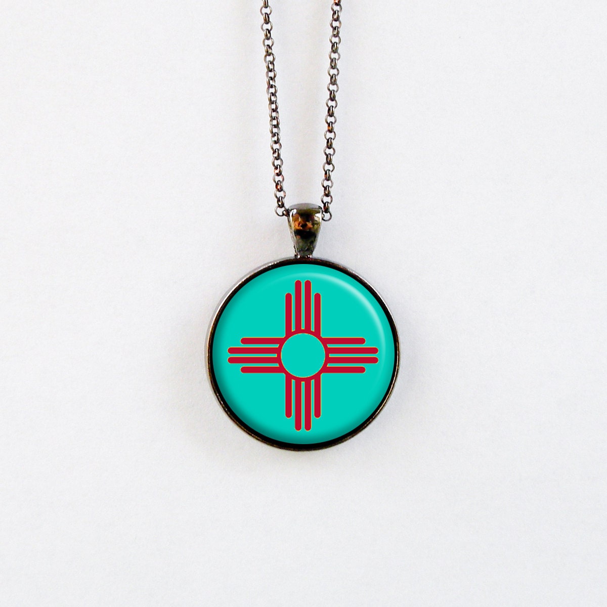 Zia Necklace Turquoise and Red Sun Symbol by StarlightBags
