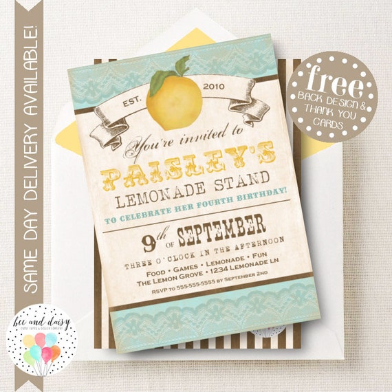 Vintage Lemon Invitation, Lemon Birthday Invitation, Lemon Birthday Party, Lemon Party Invitation, Lemonade Party Invite, BeeAndDaisy Il_570xn