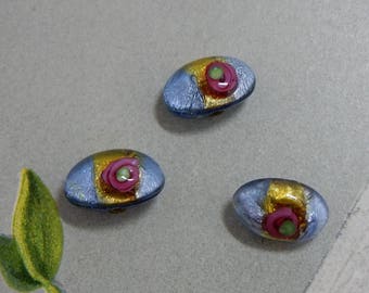 3 Antique Foil Blue Glass Paperweight Buttons w/ Pink Rose