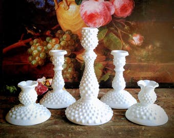 Milk Glass Candlesticks / Vintage Fenton Hobnail Milk Glass Candlesticks / Collection of Five / Wedding Decor / Home Decor