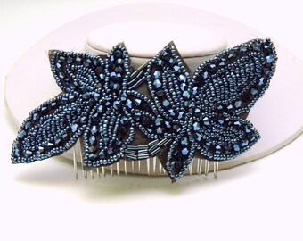 Vintage Style Beaded Hair Comb, Black Blue Applique 1920s Headpiece, The Great Gatsby Headpiece, Downton Abbey Headpiece, Hair Piece
