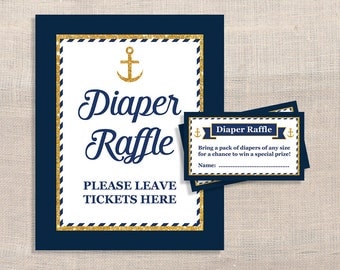 Nautical Diaper Raffle Sign and Tickets, Navy & Gold Anchor Baby Boy Shower, Invitation Insert, DIY Printable, INSTANT DOWNLOAD
