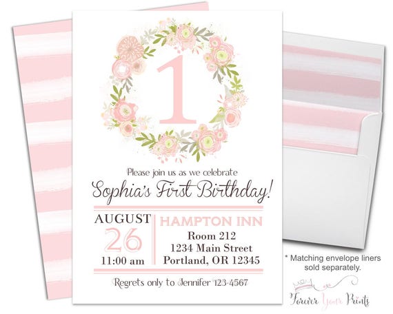 Girls Floral 1st Birthday Invitation - Floral Birthday Invite - Girls 1st Birthday - Girls First Birthday - Pink and Mint - Floral Invite Il_570xn