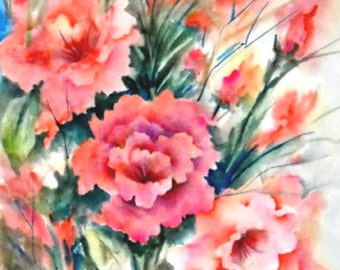 Peach Flowers, Watercolor Peach, Spring Painting, Floral Decor, Peach, Green, Martha Kisling, Art With Heart