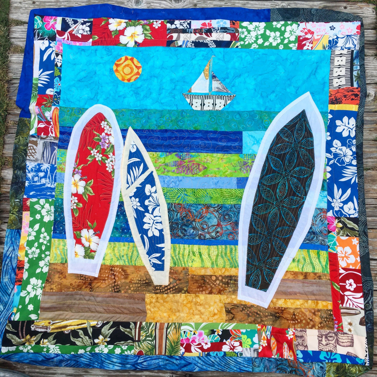 Surfboard in the Sand Batik crib quilt 42 x 42