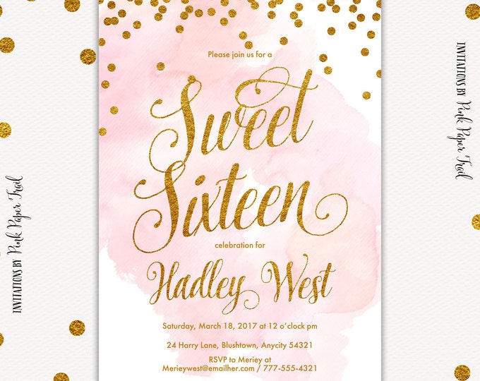 Pink and Gold Invitation, Gold Glitter and Pink, Blush Pink Birthday Invitation, I will customize, print your own
