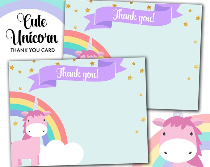 Cute Magical Unicorn and Rainbows Printable Thank You Card, Thank You Card Instant Download Flat Printable Card