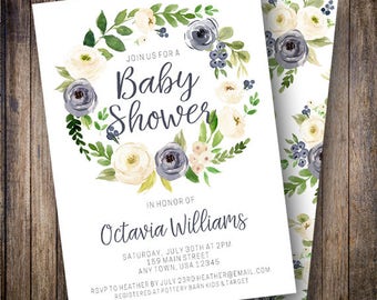 Baby Shower Invitation, Greenery, Boho Baby Shower, Boy Baby Shower Invite, Gender Neutral Invite, Watercolor Floral, Navy, Cream, 809