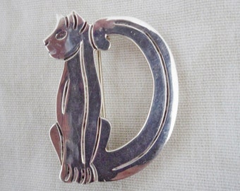 Vintage Mexico .925 Sterling Silver CAT Initial 'D' Pin BROOCH