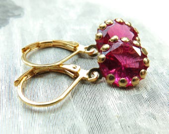 Magenta Rhinestone Dangle Gold French Clip Earrings - 5 Colors
