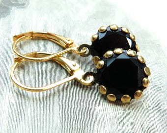 Black Rhinestone Dangle Gold French Clip Earrings - 5 Colors