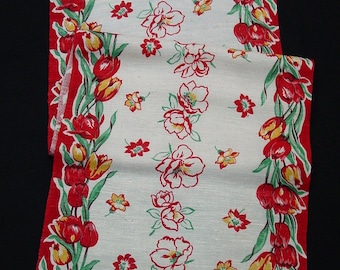 Vintage Toweling Fabric Runner Bright Red Tulips 16 1/2 x 51"