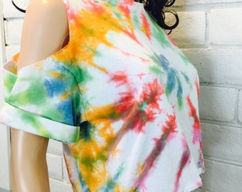 COLD SHOULDER CROP top recycled tshirt rainbow tie dye loose cropped shirt exposed shoulders S