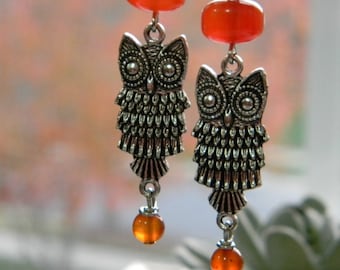 Owl earrings gift for bird lover carnelian orange earrings beaded jewelry beaded earrings gift for her songbird cabin designs gemstone