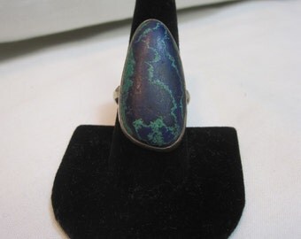 Large Natural Azurite Malacite and Sterling Ring