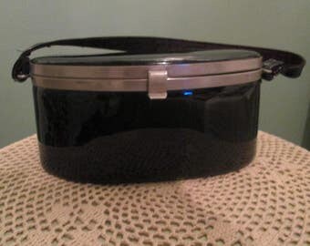 Vintage Bucket Bag Black Patent Leather / Small Box Purse With Large Mirror