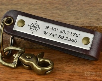 Boyfriend Gift, Fiance gift, husband gift, Custom keychain - Personalized Compass keychain w/ Latitude Longitude or any 40 Char