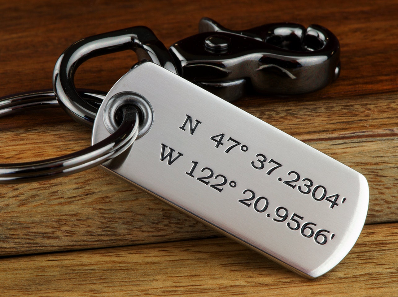 Mens Personalized, Womens Personalized Keychain -Custom Coordinates or ANY TEXT up to 45 Char • Deep Engraved Stainless Steel - Made in USA!