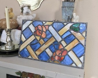 Vintage Petite Glass Leaded Rose Floral Stained Glass Window Panel - Shabby Chic - Cottage Roses
