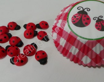 LadyBugs RED and BLACK 24 Cupcake Topper/Cake Decorations/Cookies or Cake Pops made of Vanilla Fondant - You can Choose the Color TOO!