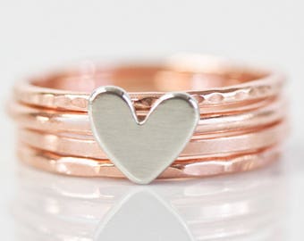 Stacking Rings / Heart / Stack Rings / Love Gift / Gift for Her / Wife Gift / Anniversary Gift / Stacking Ring Set / Silver Rose Stacking