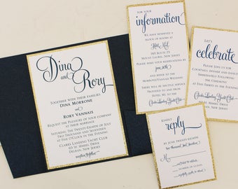 Navy and Gold Metallic Pocketfold Wedding Invitation with Monogram Fastening Label
