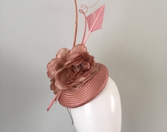 Pink Headpiece satin loops fabric flowers arrow feather feather quills unique hat Wedding Races Outstanding Couture