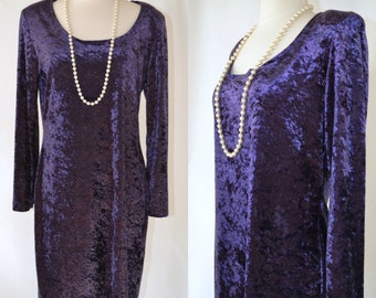 1980s Deep Purple Crushed Velvet Dress by Molly Malloy, Scoop Neck, Holiday Party Dress