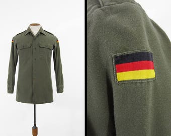 Vintage German Military Shirt Olive Drab Green Button Up with Patches - Men's Small
