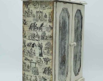 Vintage Jewelry Box, jewelry storage, decoupage, shabby chic, toile patterned, toile and harlequin