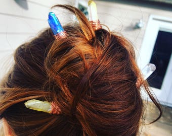 Set of 3 Quartz crystal hair pins, crystal hair pin, raw crystal hair pin, clear quartz hair pin, aura quartz hair pin, crystal hairpiece