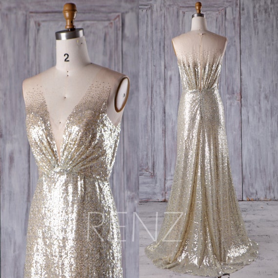 Gold Silver Mix Bridesmaid Dress Deep V Neck Wedding Dress