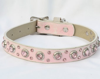 Pink Leather Dog Collar with Jewels, Pink & White Leather Dog Collar, Shabby Chic Leather Dog Collar, Personalize with a Tag, Fits 15" - 19"
