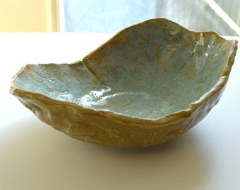 Vintage Bowl Hand Built Clay Pottery Blue Brown Ceramic Dish Textured Earthy Piece