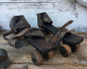 Antique Wooden Roller Skates - Leather Straps - Dated 1892