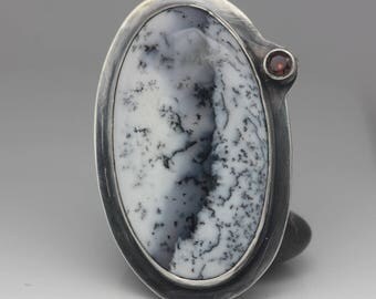 Dendritic Agate & Fire Citrine Ring, Agate and Citrine Sterling Ring, Agate Ring, Black White Orange, Statement Ring, Size 7 1/4